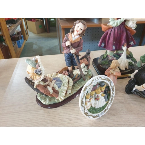 776 - Collection of Figurines and Ornaments; Clown, Girl with Goose, Boy with Rabbit, Couple in Boat, Dumb... 