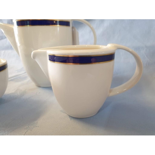 587 - Villeroy & Boch Tea Set with Cobalt Blue Band with Gold Trim; Tea Pot, Milk Jug and Sugar Bowl (3)