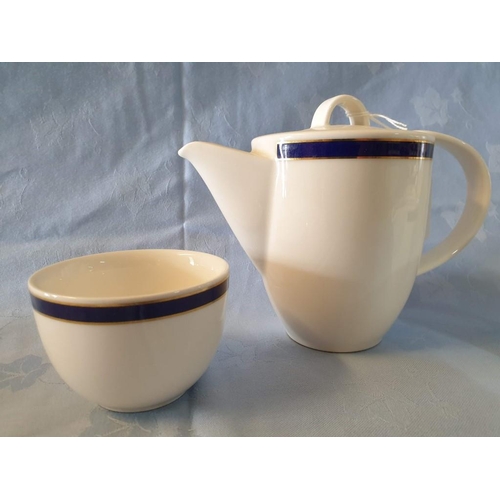 587 - Villeroy & Boch Tea Set with Cobalt Blue Band with Gold Trim; Tea Pot, Milk Jug and Sugar Bowl (3)