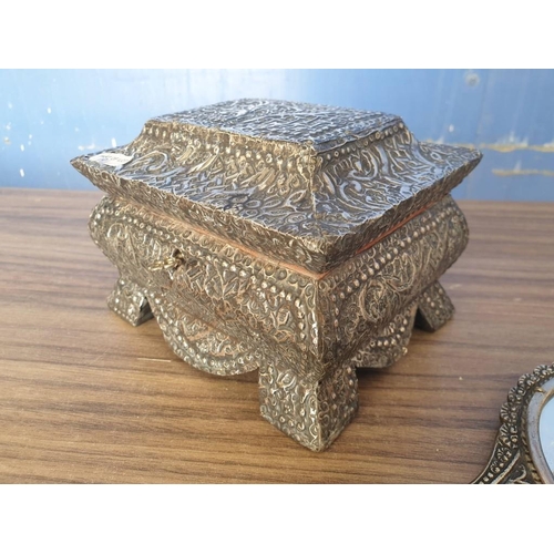 597 - Decorative Indian Silver Clad Jewellery Box with Pick Cushioned Lining, Together with Decorative Whi... 