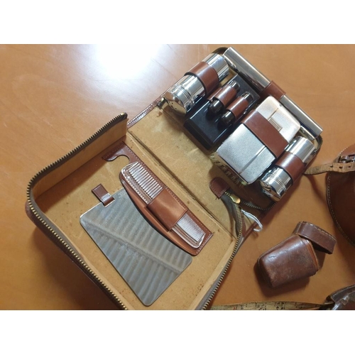 598 - Vintage Men's Chromium Plated Grooming Set in Leather Case, Together with Vintage Rule (a/f), Round ... 