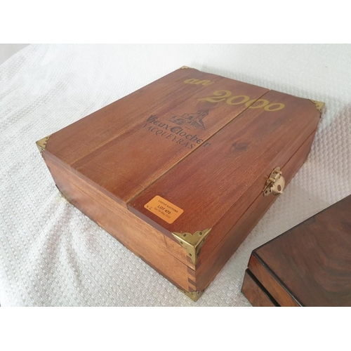 609 - Solid Wood Box with Brass Corners, Titled 'an 2000, Vieux Clocher Vacqueyras', (Approx. 33 x 28 x 11... 