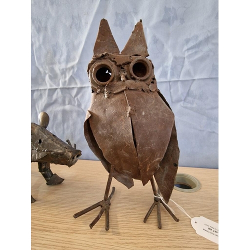 619 - Vintage Hand Made Metal Owl and Pig Ornaments, (Max H: 32cm), (2)