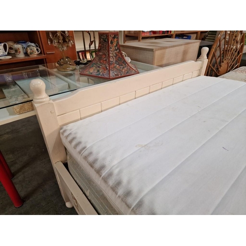 657 - White Painted Solid Wood Double Bed with Mattress and Additional Ikea 'Moshult' Topper, (Approx. 140... 