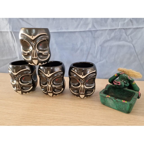 661 - Set of 4 x Ceramic 'Skull' Mugs, Together with African Ashtray, (5)