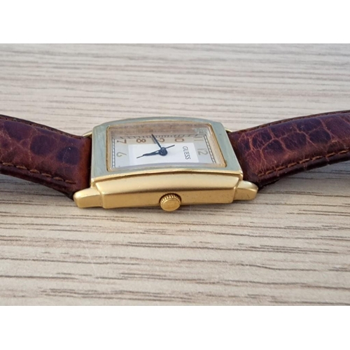 663 - Guess Gold Tone Ladies Wrist Watch with Brown Leather Strap, * Working when Lotted *