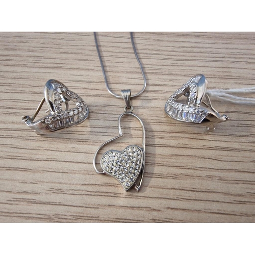 666 - Sterling Silver Heart Shaped Pendant Set with Clear Stones on 925 Silver Necklace, Together with Pai... 