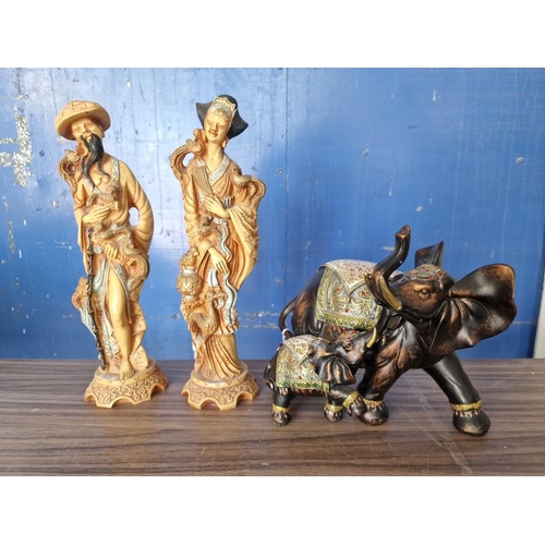 667 - 2 x Tall Oriental Figurines, (Approx. H: 36cm, Resin), Together with Elephant Ornament with Baby, (2... 