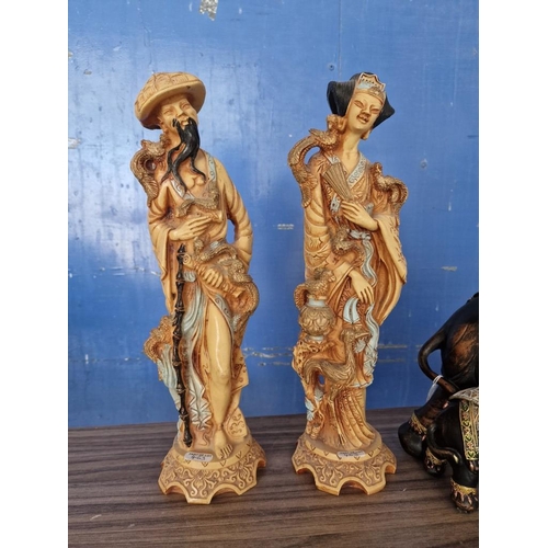 667 - 2 x Tall Oriental Figurines, (Approx. H: 36cm, Resin), Together with Elephant Ornament with Baby, (2... 