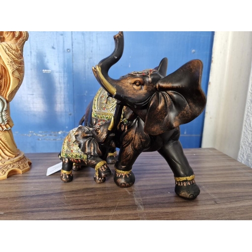 667 - 2 x Tall Oriental Figurines, (Approx. H: 36cm, Resin), Together with Elephant Ornament with Baby, (2... 