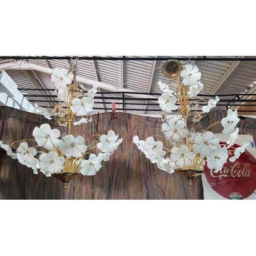 673 - Retro Style Chandelier with Floral Design (Glass / Brass Effect) *Working when Lotted / Very Good Co... 