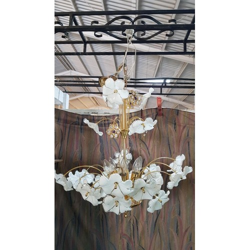 673 - Retro Style Chandelier with Floral Design (Glass / Brass Effect) *Working when Lotted / Very Good Co... 