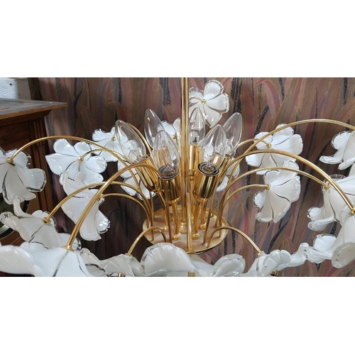 673 - Retro Style Chandelier with Floral Design (Glass / Brass Effect) *Working when Lotted / Very Good Co... 