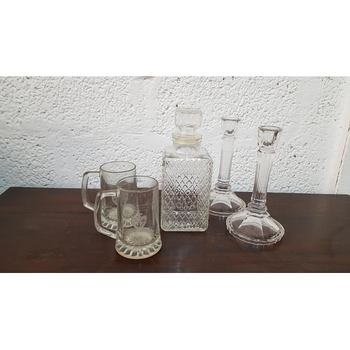 676 - Cut Glass Retro Glassware Square, 
Decanter with Stopper , Pair of Matching Candle Sticks and Pair o... 