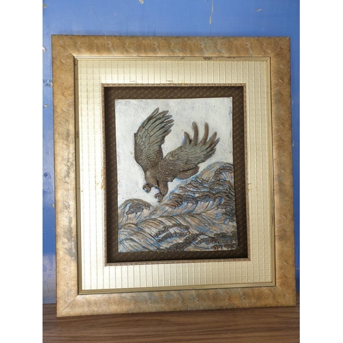 681 - Wall Hanging Picture with Relief of Eagle in Patterned Gold Colour Frame (Approx. 67 x 77cm)