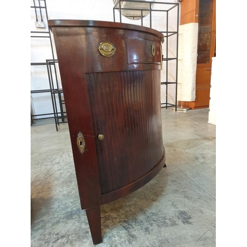 683 - Antique Georgian Corner Cabinet with Tambour Sliding Front and Centre Drawer, Oak with Flame Mahogan... 