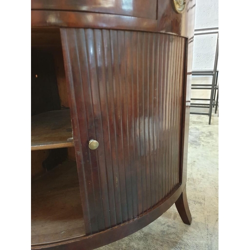 683 - Antique Georgian Corner Cabinet with Tambour Sliding Front and Centre Drawer, Oak with Flame Mahogan... 