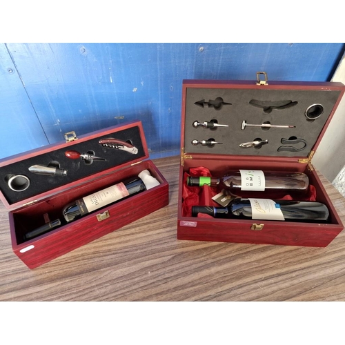 706 - Double and Single Wine Boxes with Various Accessories and 3 x Bottles of Wine