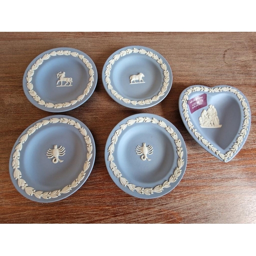 707 - Collection of 5 x Wedgwood Jasperware Pin Dishes; 4 x Zodiac Round and One Heart Shaped Other, (5)