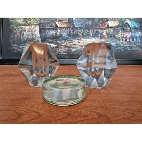 634 - Pair of Heavy Glass Candle Holders (Sweden, Approx. H:  8.5cm), Together with Round Glass Paper Weig... 