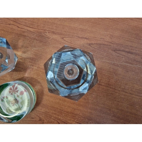 634 - Pair of Heavy Glass Candle Holders (Sweden, Approx. H:  8.5cm), Together with Round Glass Paper Weig... 