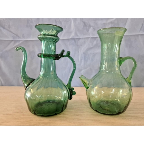 639 - 2 x Vintage Hand Blown Green Glass Oil & Vinegar Bottles / Dispensers, Approx. H: 21cm, (2)