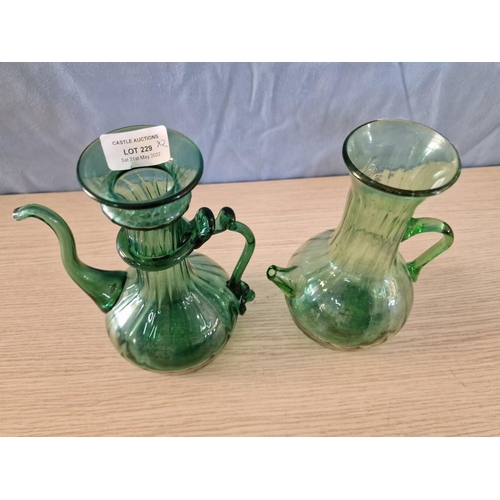 639 - 2 x Vintage Hand Blown Green Glass Oil & Vinegar Bottles / Dispensers, Approx. H: 21cm, (2)