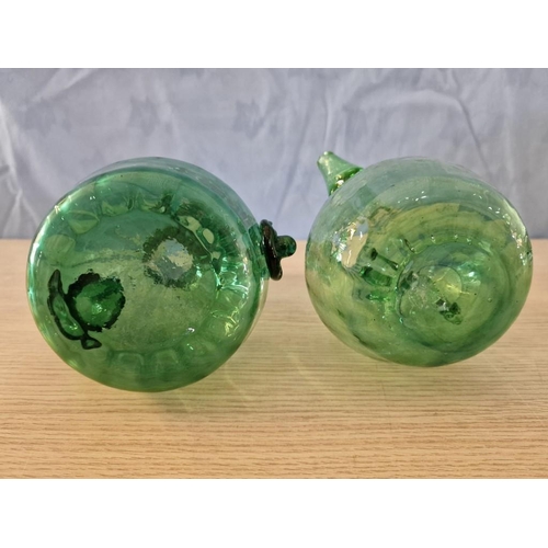 639 - 2 x Vintage Hand Blown Green Glass Oil & Vinegar Bottles / Dispensers, Approx. H: 21cm, (2)