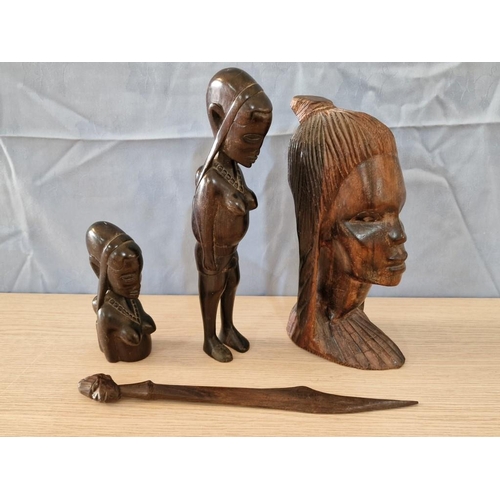 641 - Collection of African Hard Wood Carved Items; 2 x Female Busts, Female Figure and Letter Opened with... 