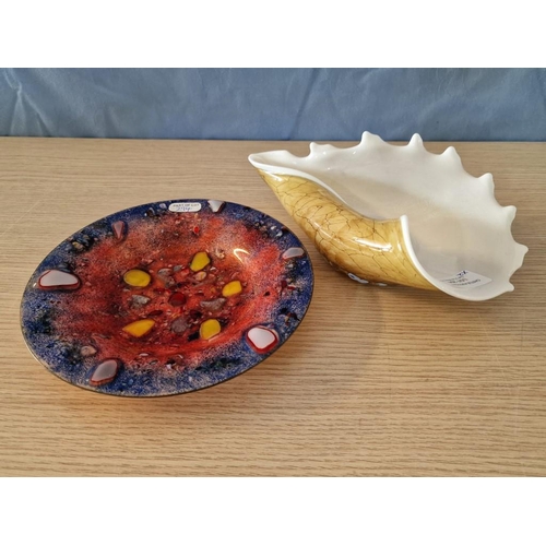 647 - Vintage Shell Shaped Glass Dish, Together with Colourful Enameled Copper Dish, (Approx. Ø: 19cm), (2... 