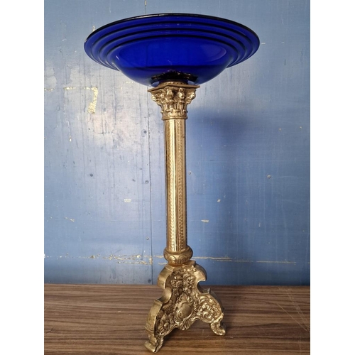 649 - Decorative Silver Colour Column with Blue Glass Bowl, (Approx. Ø: 36cm, H: 64cm)