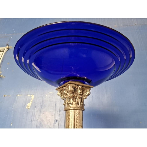 649 - Decorative Silver Colour Column with Blue Glass Bowl, (Approx. Ø: 36cm, H: 64cm)