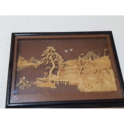 784 - Pair of Chinese Cork Carving Pictures with Oriental Scenes (52.5cm x 37.5cm each)