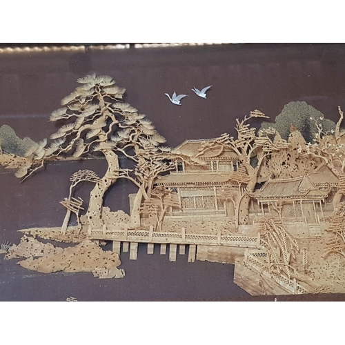 784 - Pair of Chinese Cork Carving Pictures with Oriental Scenes (52.5cm x 37.5cm each)