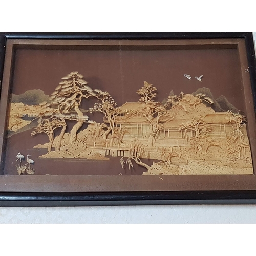 784 - Pair of Chinese Cork Carving Pictures with Oriental Scenes (52.5cm x 37.5cm each)