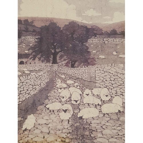 823 - Limited Print of Sheep in the Dales from Original Batic Painting by Buffy Robinson in Wooden Frame (... 