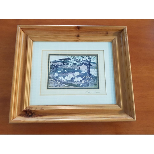 823 - Limited Print of Sheep in the Dales from Original Batic Painting by Buffy Robinson in Wooden Frame (... 