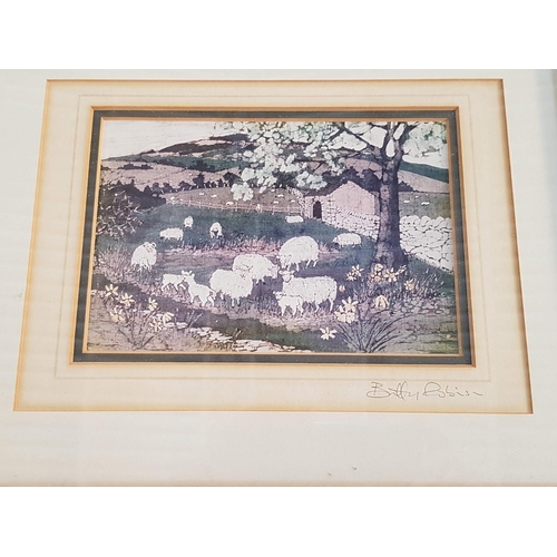 823 - Limited Print of Sheep in the Dales from Original Batic Painting by Buffy Robinson in Wooden Frame (... 