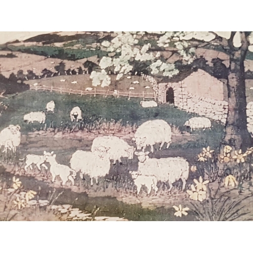 823 - Limited Print of Sheep in the Dales from Original Batic Painting by Buffy Robinson in Wooden Frame (... 