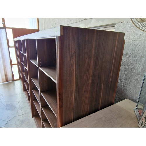 391A - 8.6 Running Meters of Wood Effect Book Shelves (4.3m Back-to-Back with End Panels), 6-Part / Section... 