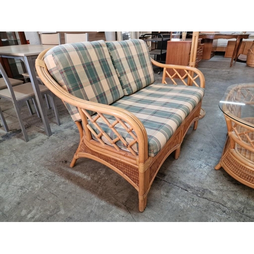 269 - 2 Seater Bamboo Sofa with Green & Cream Cushions, Together with Bamboo Coffee Table with Oval Glass ... 