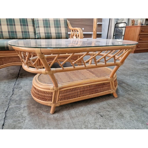 269 - 2 Seater Bamboo Sofa with Green & Cream Cushions, Together with Bamboo Coffee Table with Oval Glass ... 