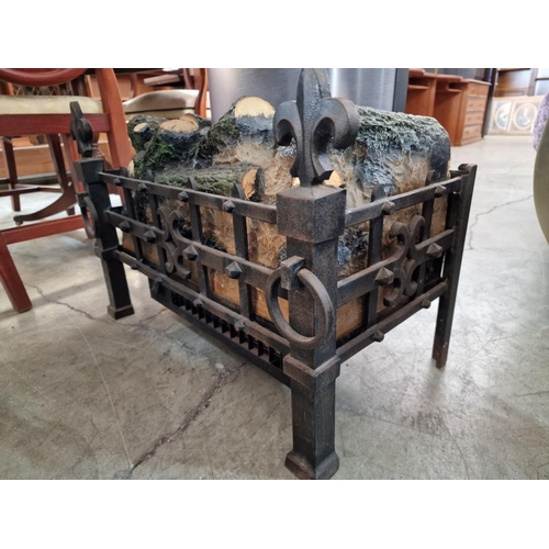 290 - Wrought Iron and Coal Effect Fire / Heater with Copper Canopy, (Approx. 68 x 36 x 111cm Overall)