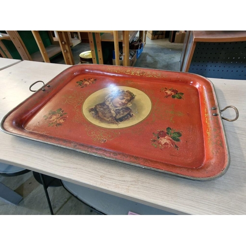 56 - Antique Russian Hand Painted Metal Tray with Female Portrait and Shiraz Flowers, (Approx. 68 x 52cm)... 