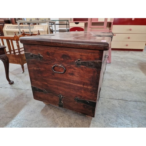 69 - Solid Wood Chest / Trunk with Metal Work & Handles, Lift-Up Hinged Top Over Wheels, (Approx. 103 x 5... 