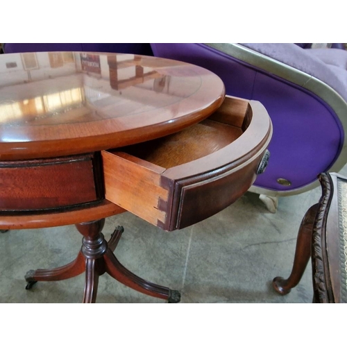 70 - Classical Style Wooden Drum Table with Round Inlaid Top Over Drawers and Pedestal Leg with Metal Cla... 