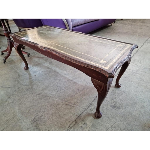 71 - Classical Style Rectangular Coffee Table with Inlaid Green Leather Top, Pie Crust Edging Over Carved... 