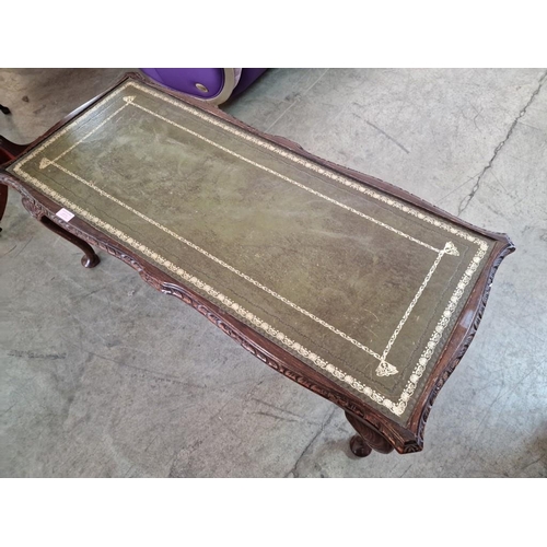 71 - Classical Style Rectangular Coffee Table with Inlaid Green Leather Top, Pie Crust Edging Over Carved... 