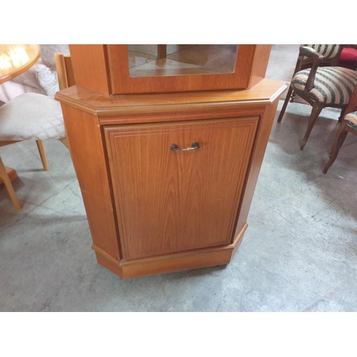 235 - Wooden Corner Display Cabinet with Mirror Back Section with Glass Door and Lights, Over Cupboard (Nb... 