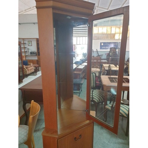 235 - Wooden Corner Display Cabinet with Mirror Back Section with Glass Door and Lights, Over Cupboard (Nb... 